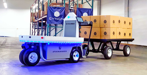 Cyngn’s DriveMod-enabled Columbia Stockchaser cargo vehicle outfit with an Ouster REV7 sensor